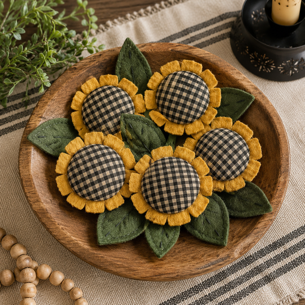 Sunflower Fills Set with black check sunflowers and felt leaves displayed in a wooden dough bowl 🌻🖤