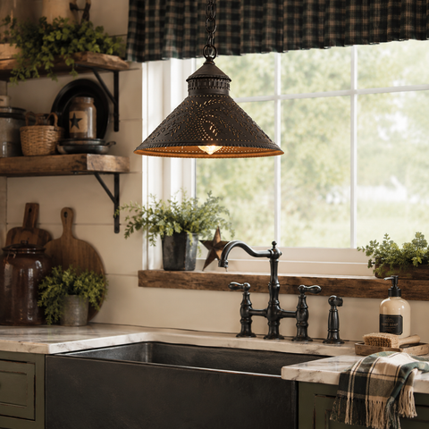 Stockbridge Shade Light with Willow Chisel in Kettle Black featuring a punched willow pattern and handcrafted primitive pendant design.