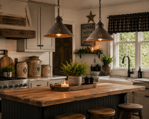 Stockbridge Shade Light with Willow Chisel in Kettle Black featuring a punched willow pattern and handcrafted primitive pendant design.