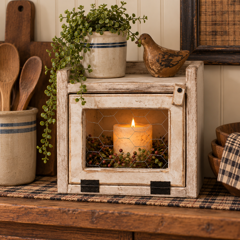 Distressed White Wood Candle Box with Chicken Wire Door