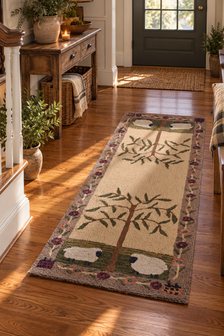 Willow & Sheep 24x72 hooked rug runner by Park Designs featuring willow trees, sheep and a floral border in primitive country colors