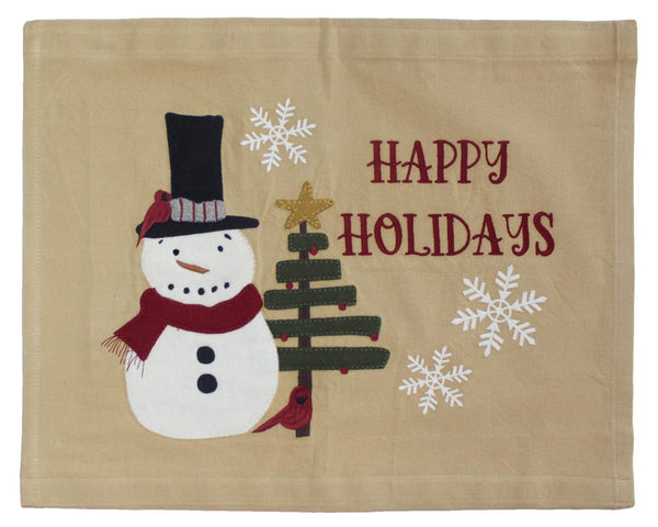 Tan holiday pennant with snowman in black hat and red scarf, green tree with gold star, cardinal, white snowflakes, and “Happy Holidays” text.