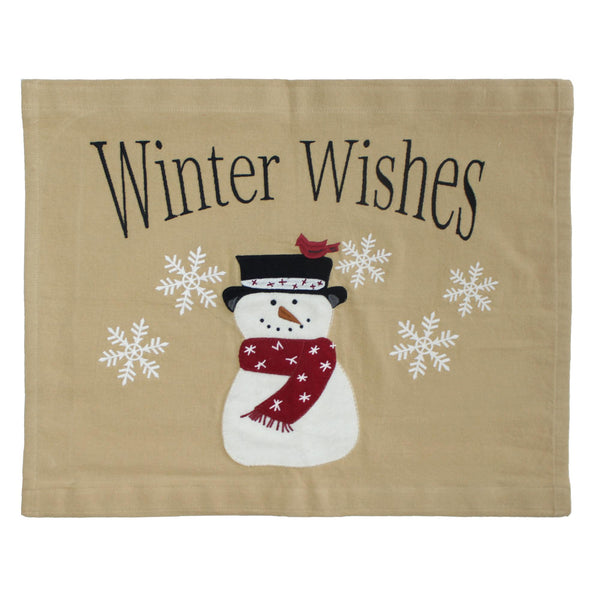 Tan pennant with “Winter Wishes” text, snowman in black hat, red scarf, cardinal, and white snowflakes on cotton fabric.