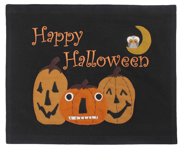 Happy Halloween Pennant 19.5x16 with jack-o’-lantern faces and moon applique
