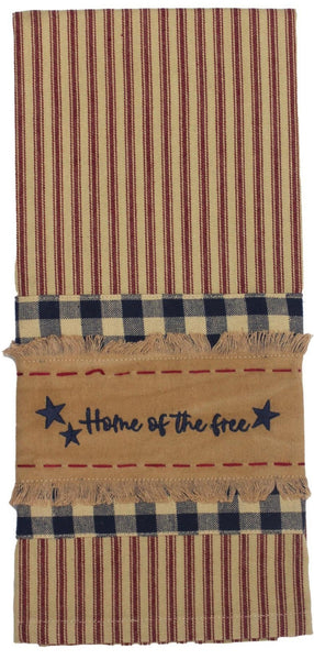 Home of the Free cotton towel set of 2 with barn red, navy, and nutmeg embroidery on checked and striped patterns