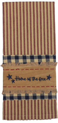 Home of the Free cotton towel set of 2 with barn red, navy, and nutmeg embroidery on checked and striped patterns