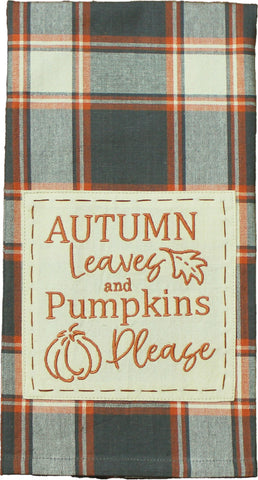 Fall Sky Autumn Leaves Towel set of 2 with plaid background and embroidered fall quote.