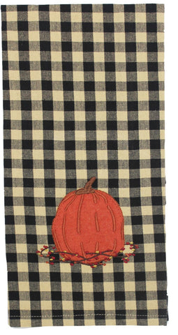 Set of 2 Pumpkin & Bittersweet Towels, farmhouse fall kitchen towels, black and khaki check with pumpkin applique
