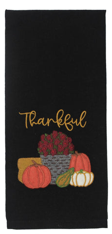 Farmers Market kitchen towel set of 2 with black background and colorful fall appliqué.
