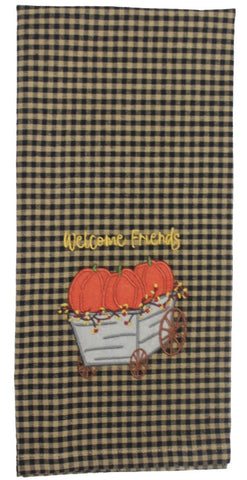 Welcome Friends Pumpkin Cart Towels set of 2, farmhouse black check with pumpkin cart embroidery