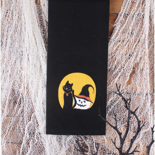 Black kitchen towel with black cat, pumpkin, and moon embroidery – Moonlit Night Towel set of 2