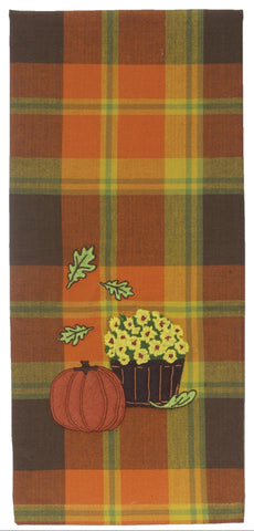Set of two autumn plaid towels with pumpkin and mums applique on a warm orange and brown plaid cotton background.