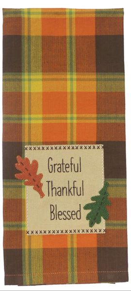 Grateful Thankful Blessed towel set with embroidered leaves in fall colors, farmhouse kitchen décor.