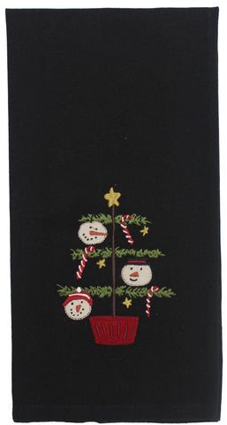 Black cotton towel embroidered with a Christmas tree, snowman faces, candy canes, and gold stars in red, tan, and green. Set of 2.