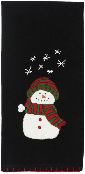 Black cotton towel with snowman appliqué wearing red-and-green scarf and hat, white snowflakes, and red stitching. Set of 2.