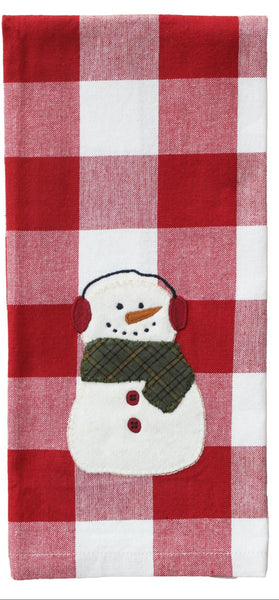 "Snow Friends Ear Muffs Towel with snowman applique on red and white buffalo check background – 18x28 cotton Christmas kitchen towel"