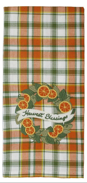 Fall Harvest Wreath Towel set of 2 with embroidered wreath design in orange, sage, and gold.