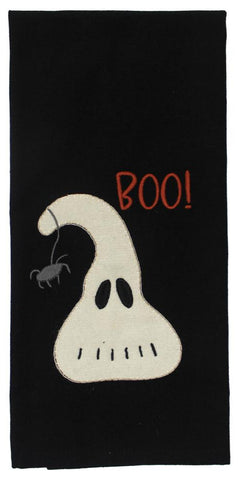 Black cotton towel with ghost and “Boo” applique, Halloween kitchen décor.