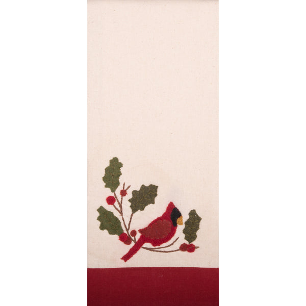 Cream Cardinal Holly towel featuring a red cardinal perched among holly leaves and berries with a red accent border.