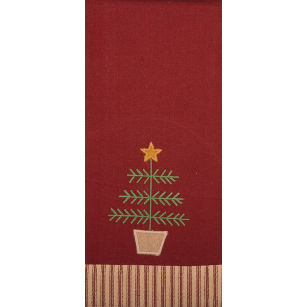 Primitive Feather Tree Christmas towel with star topper and ticking stripe border on a barn red background.