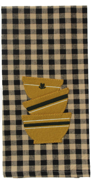 Primitive Yellowware Towel with stacked yellow bowl applique on black and nutmeg check background, 18x28 cotton farmhouse dish towel.