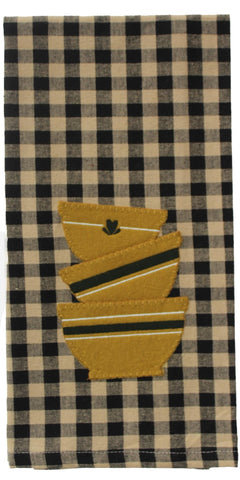 Primitive Yellowware Towel with stacked yellow bowl applique on black and nutmeg check background, 18x28 cotton farmhouse dish towel.