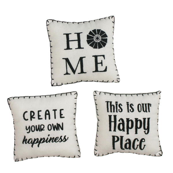Set of 3 black and white farmhouse accent pillows with sayings: “Home,” “Create Your Own Happiness,” “This is Our Happy Place”
