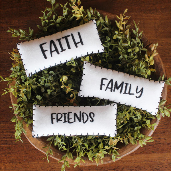 Faith, Family, Friends mini pillows set of 3, white cotton with black embroidery
