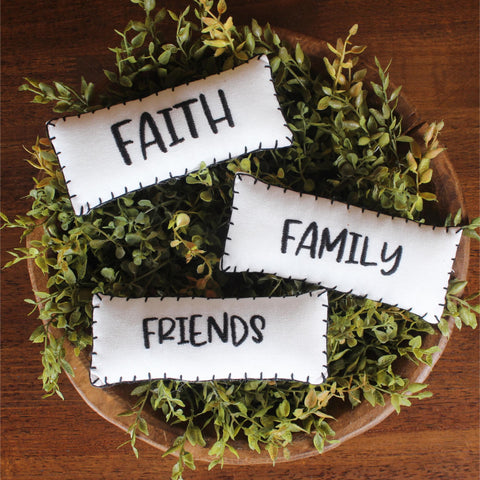 Faith, Family, Friends mini pillows set of 3, white cotton with black embroidery
