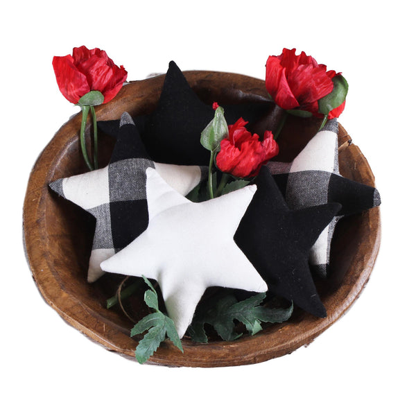 Farmhouse star filler set, 5 cotton stars in black, white, and buffalo check