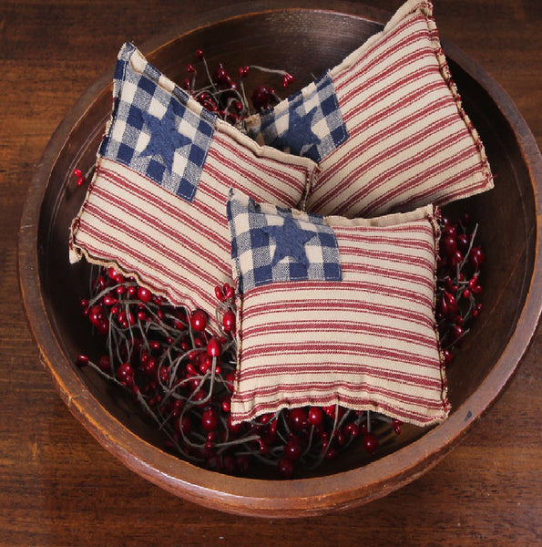 Rustic primitive cotton flag filler in red, cream, and blue for Americana home décor