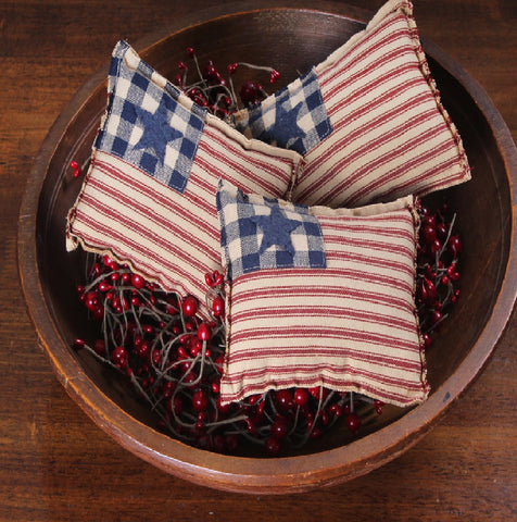 Rustic primitive cotton flag filler in red, cream, and blue for Americana home décor