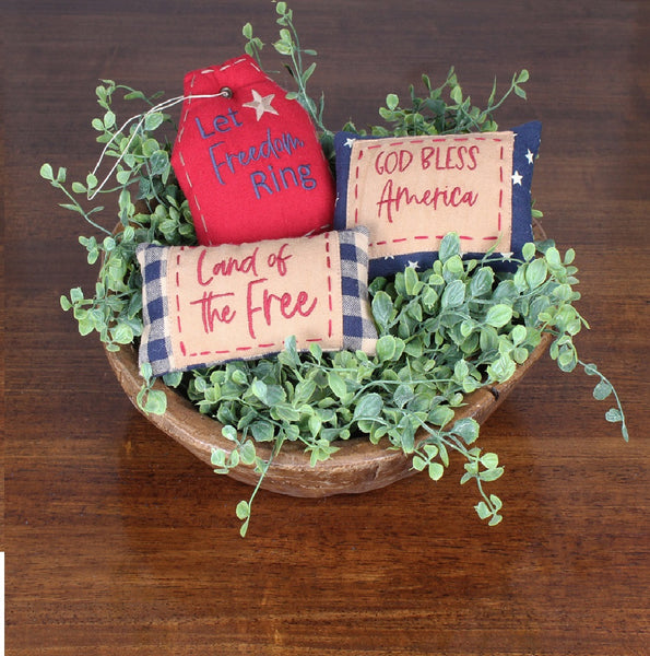 Set of 3 small cotton home accents with patriotic red, white, and blue designs – Liberty Fill collection