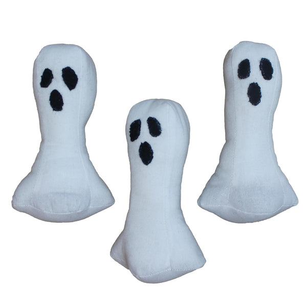 Set of three white wool ghost fillers for rustic Halloween décor.