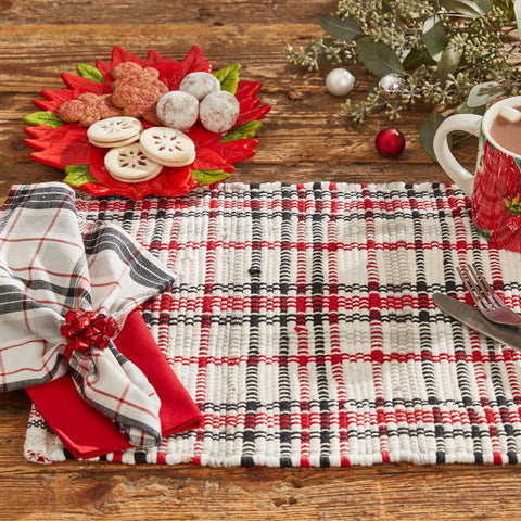 Add texture and color to your home with these striking Farmhouse Festive Chindi Placemats featuring a plaid of black, red, gray, and candlelight white! Besides your dining room table, these mats can be used throughout your home under your favorite candles or lamps, on your mantel, or any other place that needs a pop of color!