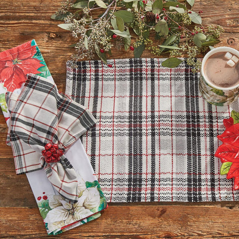 Give your home a beautiful farmhouse makeover with these striking Farmhouse Festive Placemats, featuring a plaid of black, red, gray, and candlelight white! Besides your dining room table, these mats can be used throughout your home under your favorite candles or lamps, on your mantel, or any other place that needs a pop of color!