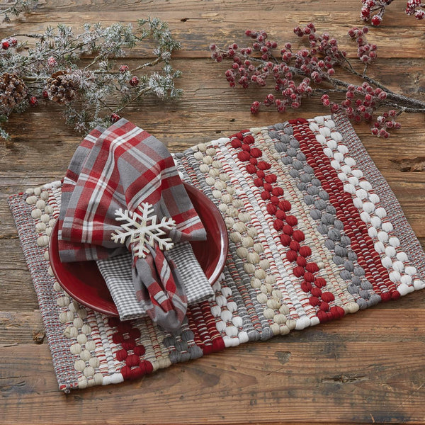 Boasting a unique design, our colorful Farmhouse Holiday Chindi Placemat will brighten your holiday home, and the primitive design will add a little country flair to your seasonal decor! So versatile it can be used on any table throughout your home, as a centerpiece with your favorite candles, paired with other favorite seasonal decorative pieces...or wherever you need a little holiday cheer!