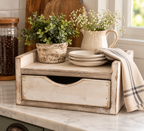 Distressed Wood Java Box with Drawer – White