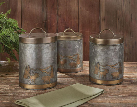 Add the vintage Forester's Canisters anywhere in your home for rustic charm! The canisters feature an image of the outdoors that will be a stylish addition anywhere - even inside!