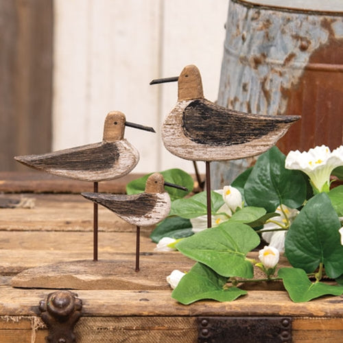 Natural Wood Seabird Trio Sitter featuring three carved coastal birds on wooden dowels with driftwood-inspired base