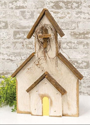 Primitive Light Up Old Church with distressed white finish, natural wood roof, wooden cross, and warm interior lighting, handmade in the USA.