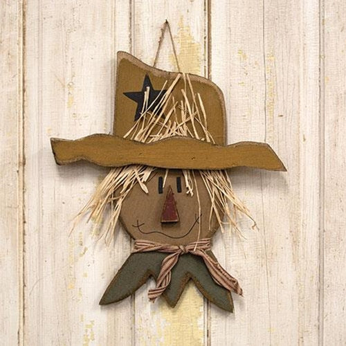 Rustic Wood Hanging Scarecrow Head Primitive Fall Wall Decor 18"