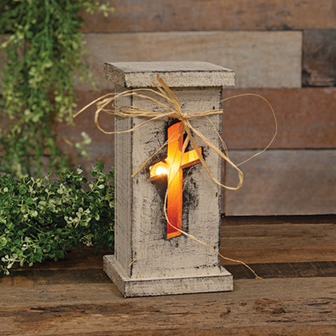 Rustic White Light Up Cross Pedestal 10.75 | Primitive Farmhouse Decor