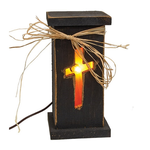 Rustic Black Light Up Cross Pedestal 10.75 | Primitive Farmhouse Decor