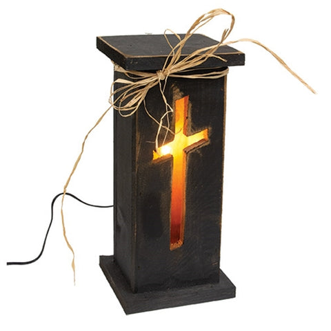 Rustic Black Light Up Cross Pedestal 15.5" | Primitive Farmhouse Decor
