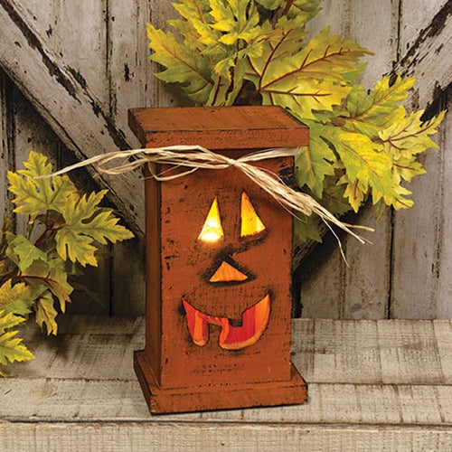 Rustic Wood Jack O Lantern Light-Up Pedestal - 11.5"H