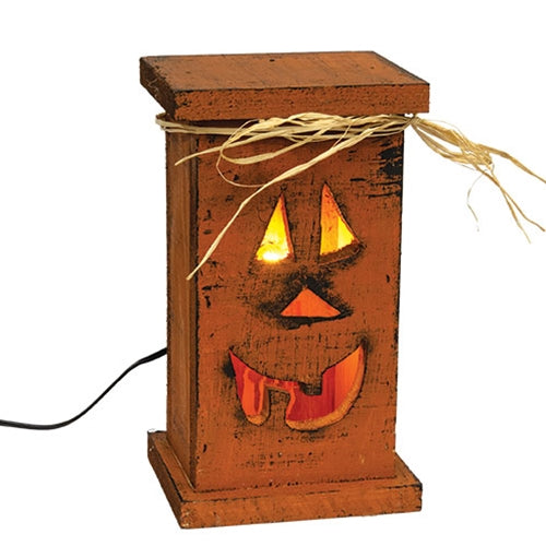 Rustic Wood Jack O Lantern Light-Up Pedestal - 11.5"H