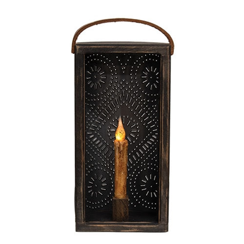 Wood & Punched Tin Candle Lantern – Black
