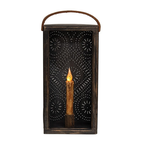 Wood & Punched Tin Candle Lantern – Black