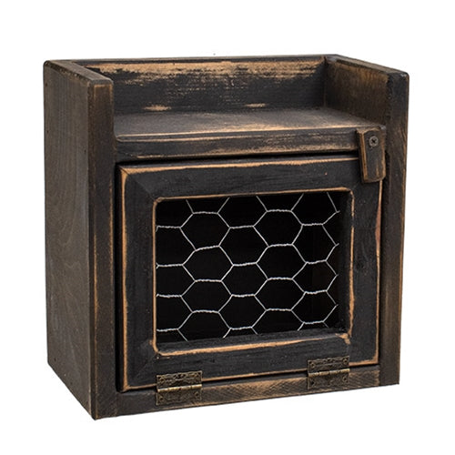 Distressed Black Wood Candle Box with Chicken Wire Door